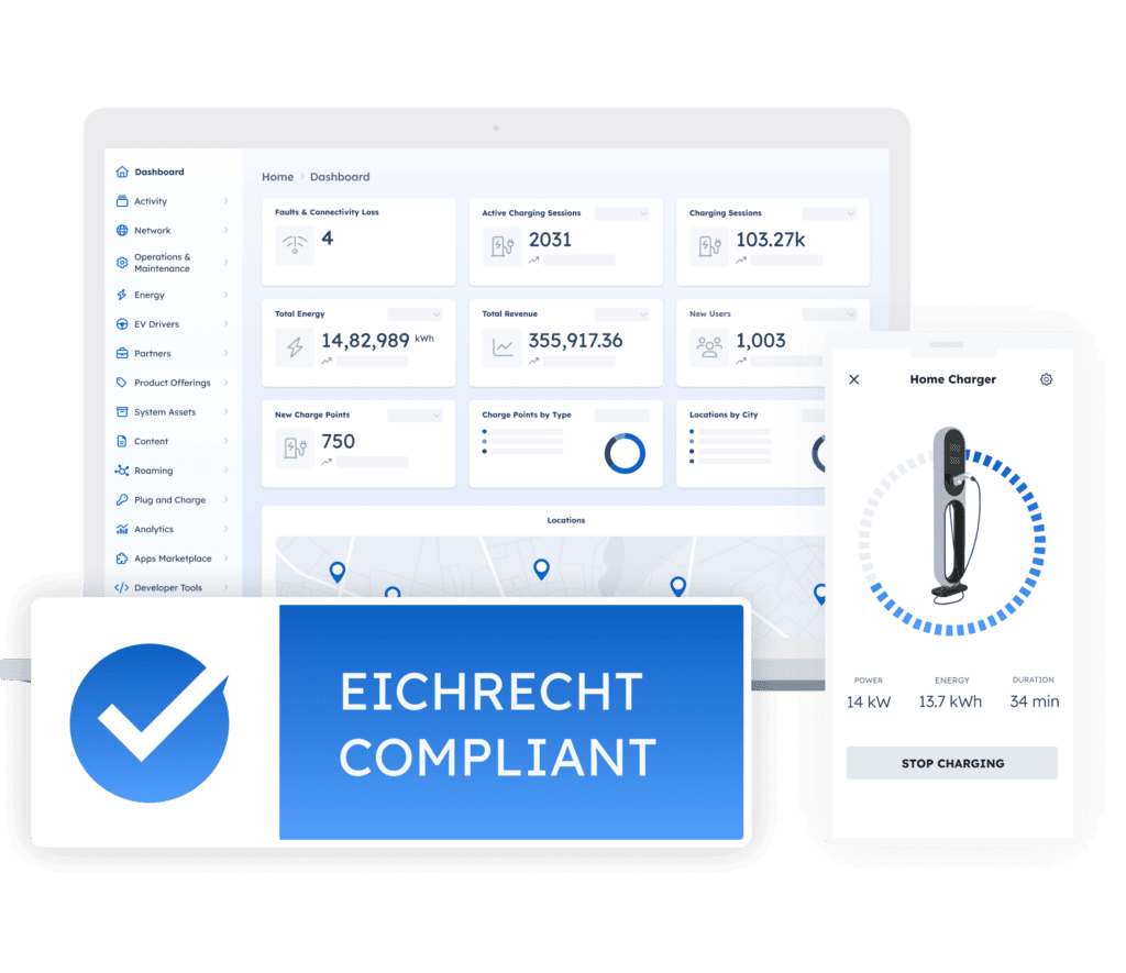 illustration of AMPECO platform mockup eichrecht compliant badge