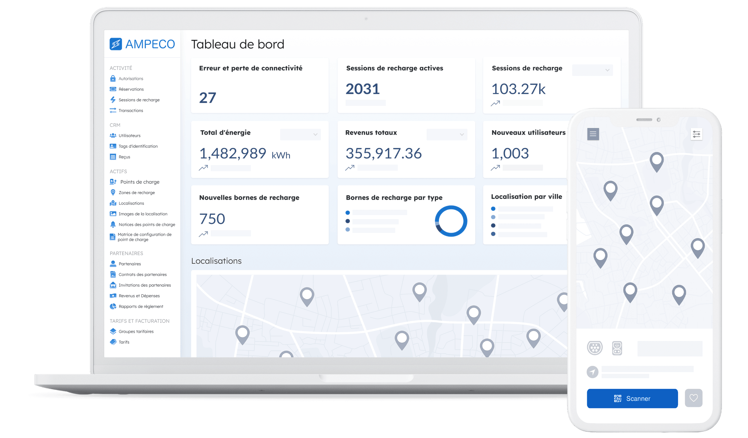 Logiciel de recharge véhicule électrique tout-en-un - La plateforme de recharge pour véhicule électrique d'AMPECO est facilement configurable et compatible avec les stations de recharge de plus de 40 fabricants.