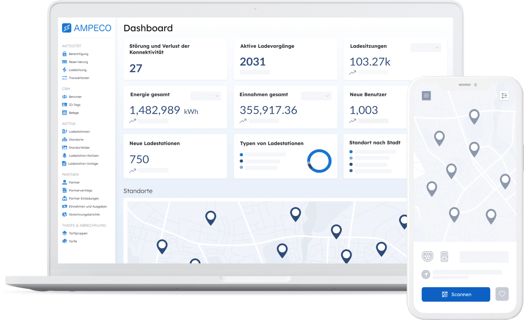 All-in-one EV-Ladesoftware - AMPECOs EV-Ladeplattform ist mit Ladestationen von über 40 Herstellern kompatibel und leicht konfigurierbar.