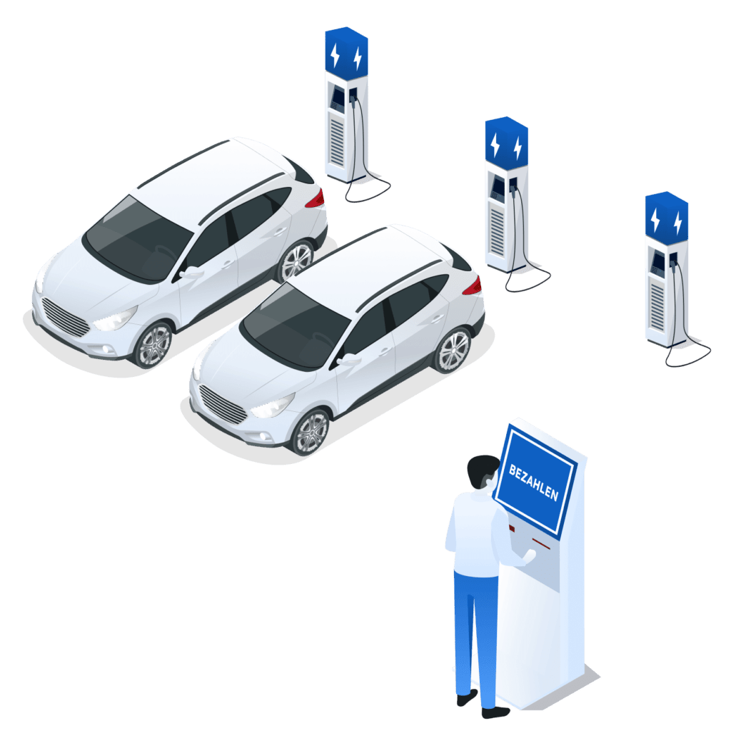 Illustration einer Person, die an einem Zahlungsterminal fürs EV-Laden bezahlt