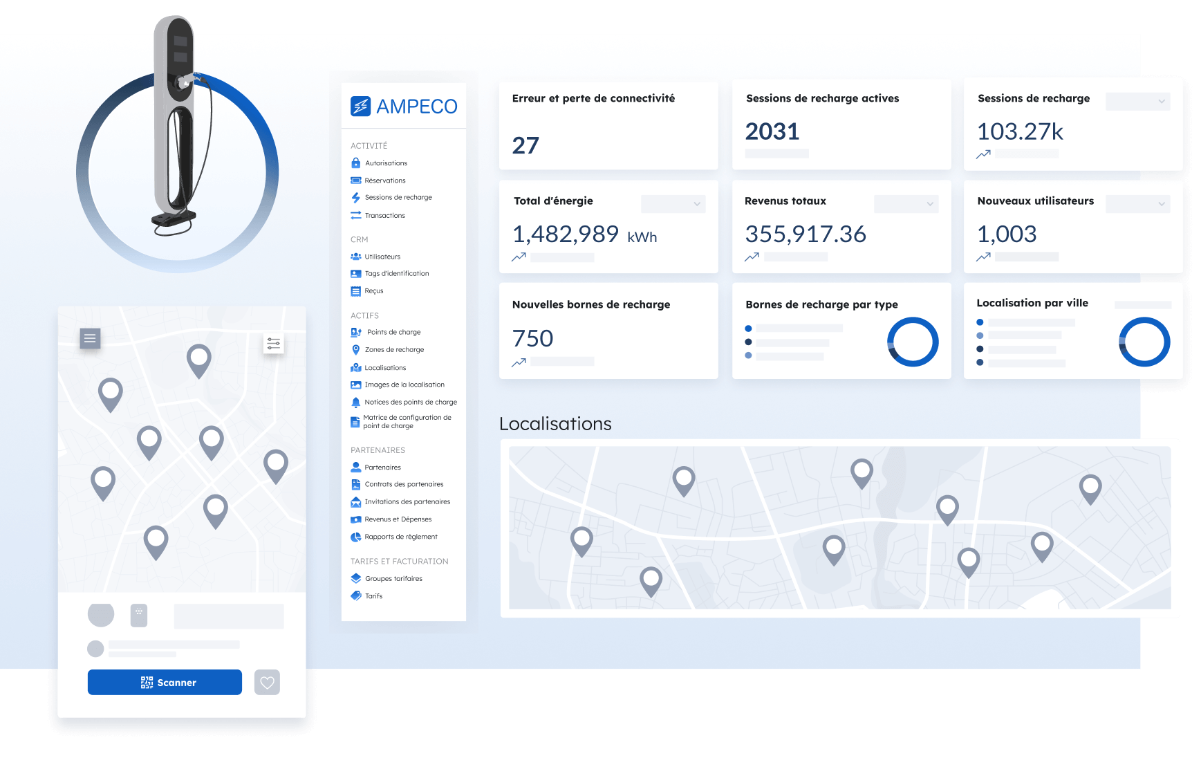 Plateforme de supervision de recharge - Lancez, développez et optimisez votre activité de recharge VE avec la plateforme de supervision en marque blanche AMPECO.