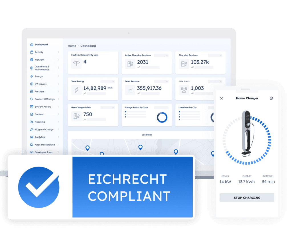 illustration of AMPECO platform mockup eichrecht compliant badge illustration of AMPECO platform mockup eichrecht compliant badge