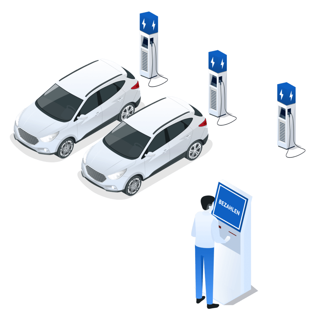 Illustration einer Person, die an einem Zahlungsterminal fürs EV-Laden bezahlt Illustration einer Person, die an einem Zahlungsterminal fürs EV-Laden bezahlt